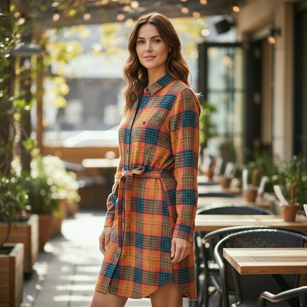 Toad&Co Reform Flannel Shirtdress Orange Blue Plaid Belted Pockets Large